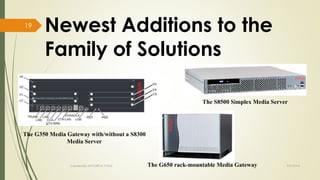 Newest Additions to the 
Family of Solutions 
The G350 Media Gateway with/without a S8300 
Media Server 
The S8500 Simplex Media Server 
Created By APOORVA TYAGI The G650 rack-mountable Media Gateway 9/9/2014 
19 
 