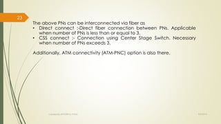 The above PNs can be interconnected via fiber as 
• Direct connect :-Direct fiber connection between PNs. Applicable 
when number of PNs is less than or equal to 3. 
• CSS connect :- Connection using Center Stage Switch. Necessary 
when number of PNs exceeds 3. 
Additionally, ATM connectivity (ATM-PNC) option is also there. 
Created By APOORVA TYAGI 9/9/2014 
23 
 