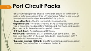 Port Circuit Packs provide physical termination circuits for termination of 
trunks or extensions, adjunct links, LAN interfacing. Following are some of 
the representative circuit packs used in Definity systems 
•Analog Line Card :- Used to terminate 24 analog phones. 
•Digital Line Card :- Used for 2-wire and 4-wire DCP digital phones. Each 
type of telephone needs a different digital card. The 2-wire card supports 
24 phones, while the 4-wire card supports 8 phones. 
•CO Trunk Card :- Accepts analog CO trunks. 
•T1/E1 Card :- Terminates a E1/T1 or PRI link. Can act as either T1 or E1 
card via a dip-switch on the card. Called a DS1 card. Supports both A-Law 
and mu-Law commanding. 
•Expansion Interface (EI) Card :- Used for connecting expansion cabinets 
or carriers. Connects a fiber transceiver at the back. 
Created By APOORVA TYAGI 9/9/2014 
31 
 
