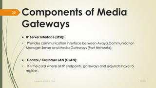 Components of Media 
Gateways 
 IP Server Interface (IPSI): 
• Provides communication interface between Avaya Communication 
Manager Server and Media Gateways (Port Networks). 
 Control / Customer LAN (CLAN): 
• It is the card where all IP endpoints, gateways and adjuncts have to 
register. 
Created By APOORVA TYAGI 9/9/2014 
35 
 