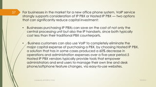 For businesses in the market for a new office phone system, VoIP service 
strongly supports consideration of IP PBX or Hosted IP PBX — two options 
that can significantly reduce capital investment: 
• Businesses purchasing IP PBXs can save on the cost of not only the 
central processing unit but also the IP handsets, since both typically 
cost less than their traditional PBX counterparts. 
• Business customers can also use VoIP to completely eliminate the 
major capital expense of purchasing a PBX, by choosing Hosted IP PBX, 
a solution that has in some cases produced a 60% decrease in 
operations and administration expenses over a five-year period.5 
Hosted IP PBX vendors typically provide tools that empower 
administrators and end users to manage their own line and desk 
phone/softphone feature changes, via easy-to-use websites. 
Created By APOORVA TYAGI 9/9/2014 
57 
 