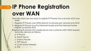 IP Phone Registration 
over WAN 
Normally there are two ways to register IP Phones into a remote ACD over 
WAN. 
1. Register IP Phones over WAN directly to remote port network and ACD. 
2. Register IP Phones to a Port Network locally and Port Network further 
register to remote ACD 
Registering IP phones into media server over customer LAN/ WAN requires 
some key devices as follows: 
a. IP Phone 
b. DHCP Server 
c. Switch/ Router 
c. TFTP Server 
d. CLAN (Gate Keeper) 
e. IPSICreated By APOORVA TYAGI 9/9/2014 
70 
 
