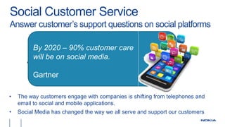• The way customers engage with companies is shifting from telephones and
email to social and mobile applications.
• Social Media has changed the way we all serve and support our customers
Social Customer Service
Answer customer’s support questions on social platforms
By 2020 – 90% customer care
will be on social media.
Gartner
 