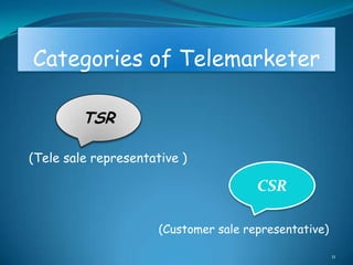 Categories of Telemarketer

         TSR

(Tele sale representative )

                                       CSR

                      (Customer sale representative)

                                                       11
 