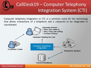 CallDesk19 – Computer Telephony 
Integration System (CTI) 
Computer telephony integration or CTI, is a common name for the technology 
that allows interactions of a telephone and a computer to be integrated or 
coordinated. 
http://CallDesk19.com - Pel Softlabs Pvt. Ltd 
 