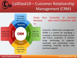 CallDesk19 – Customer Relationship 
Management (CRM) 
Know Your Customer to Increase 
Business sales and Productivity with 
us. 
Customer relationship management 
(CRM) is a system for managing a 
company’s interactions with current 
and future customers. It involves 
using technology to organize, 
automate and synchronize sales, 
marketing, customer service, and 
technical support. 
http://CallDesk19.com - Pel Softlabs Pvt. Ltd 
 