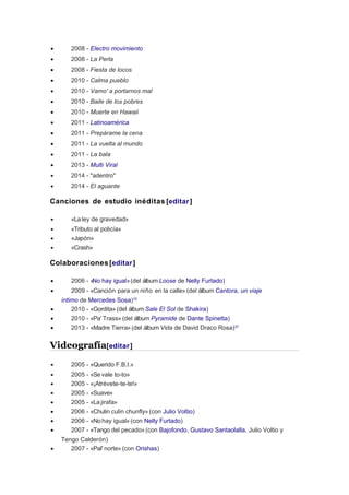 • 2008 - Electro movimiento
• 2008 - La Perla
• 2008 - Fiesta de locos
• 2010 - Calma pueblo
• 2010 - Vamo' a portarnos mal
• 2010 - Baile de los pobres
• 2010 - Muerte en Hawaii
• 2011 - Latinoamérica
• 2011 - Prepárame la cena
• 2011 - La vuelta al mundo
• 2011 - La bala
• 2013 - Multi Viral
• 2014 - "adentro"
• 2014 - El aguante
Canciones de estudio inéditas [editar]
• «Laley de gravedad»
• «Tributo al policía»
• «Japón»
• «Crash»
Colaboraciones[editar]
• 2006 - «No hay igual»(del álbum Loose de Nelly Furtado)
• 2009 - «Canción para un niño en la calle»(del álbum Cantora, un viaje
íntimo de Mercedes Sosa)15
• 2010 - «Gordita»(del álbum Sale El Sol de Shakira)
• 2010 - «Pa' Trass» (del álbum Pyramide de Dante Spinetta)
• 2013 - «Madre Tierra»(del álbum Vida de David Draco Rosa)37
Videografía[editar]
• 2005 - «Querido F.B.I.»
• 2005 - «Sevale to-to»
• 2005 - «¡Atrévete-te-te!»
• 2005 - «Suave»
• 2005 - «Lajirafa»
• 2006 - «Chulin culin chunfly»(con Julio Voltio)
• 2006 - «Nohay igual»(con Nelly Furtado)
• 2007 - «Tango del pecado»(con Bajofondo, Gustavo Santaolalla, Julio Voltio y
Tengo Calderón)
• 2007 - «Pal' norte»(con Orishas)
 