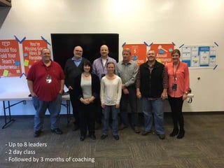 - Up to 8 leaders
- 2 day class
- Followed by 3 months of coaching
 
