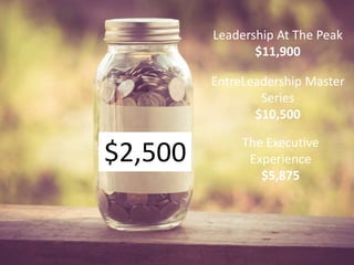 $2,500
Leadership At The Peak
$11,900
EntreLeadership Master
Series
$10,500
The Executive
Experience
$5,875
 