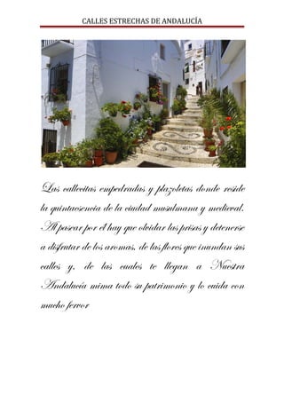 CALLES ESTRECHAS DE ANDALUCÍA
Las callecitas empedradas y plazoletas donde reside
la quintaesencia de la ciudad musulmana y medieval.
Al pasear por él hay que olvidar las prisas y detenerse
a disfrutar de los aromas, de las flores que inundan sus
calles y, de las cuales te llegan a Nuestra
Andalucía mima todo su patrimonio y lo cuida con
mucho fervor
 
