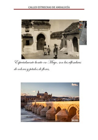 CALLES ESTRECHAS DE ANDALUCÍA
Especialmente bonito en Mayo, son las alfombras
de colores y pétalos de flores.
 