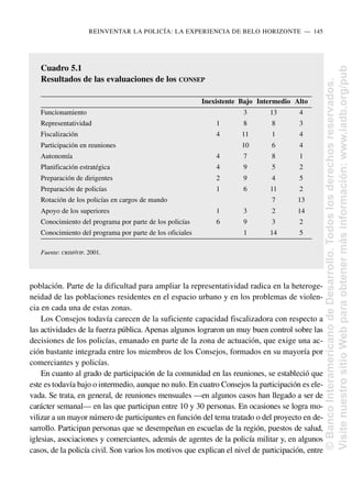 población. Parte de la dificultad para ampliar la representatividad radica en la heteroge-
neidad de las poblaciones residentes en el espacio urbano y en los problemas de violen-
cia en cada una de estas zonas.
Los Consejos todavía carecen de la suficiente capacidad fiscalizadora con respecto a
las actividades de la fuerza pública. Apenas algunos lograron un muy buen control sobre las
decisiones de los policías, emanado en parte de la zona de actuación, que exige una ac-
ción bastante integrada entre los miembros de los Consejos, formados en su mayoría por
comerciantes y policías.
En cuanto al grado de participación de la comunidad en las reuniones, se estableció que
este es todavía bajo o intermedio, aunque no nulo. En cuatro Consejos la participación es ele-
vada. Se trata, en general, de reuniones mensuales —en algunos casos han llegado a ser de
carácter semanal— en las que participan entre 10 y 30 personas. En ocasiones se logra mo-
vilizar a un mayor número de participantes en función del tema tratado o del proyecto en de-
sarrollo. Participan personas que se desempeñan en escuelas de la región, puestos de salud,
iglesias, asociaciones y comerciantes, además de agentes de la policía militar y, en algunos
casos, de la policía civil. Son varios los motivos que explican el nivel de participación, entre
REINVENTAR LA POLICÍA: LA EXPERIENCIA DE BELO HORIZONTE..—..145
Cuadro 5.1
Resultados de las evaluaciones de los CONSEP
Inexistente Bajo Intermedio Alto
Funcionamiento 3 13 4
Representatividad 1 8 8 3
Fiscalización 4 11 1 4
Participación en reuniones 10 6 4
Autonomía 4 7 8 1
Planificación estratégica 4 9 5 2
Preparación de dirigentes 2 9 4 5
Preparación de policías 1 6 11 2
Rotación de los policías en cargos de mando 7 13
Apoyo de los superiores 1 3 2 14
Conocimiento del programa por parte de los policías 6 9 3 2
Conocimiento del programa por parte de los oficiales 1 14 5
Fuente: CRISP/FJP. 2001.
©
Banco
Interamericano
de
Desarrollo.
Todos
los
derechos
reservados.
Visite
nuestro
sitio
Web
para
obtener
más
información:
www.iadb.org/pub
 