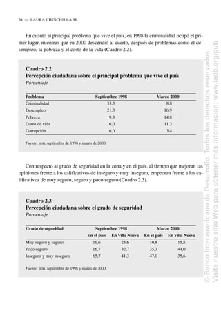 En cuanto al principal problema que vive el país, en 1998 la criminalidad ocupó el pri-
mer lugar, mientras que en 2000 descendió al cuarto, después de problemas como el de-
sempleo, la pobreza y el costo de la vida (Cuadro 2.2).
Con respecto al grado de seguridad en la zona y en el país, al tiempo que mejoran las
opiniones frente a los calificativos de inseguro y muy inseguro, empeoran frente a los ca-
lificativos de muy seguro, seguro y poco seguro (Cuadro 2.3).
54..—..LAURA CHINCHILLA M.
Cuadro 2.2
Percepción ciudadana sobre el principal problema que vive el país
Porcentaje
Problema Septiembre 1998 Marzo 2000
Criminalidad 33,3 8,8
Desempleo 21,3 16,9
Pobreza 9,3 14,8
Costo de vida 6,0 11,3
Corrupción 6,0 3,4
Fuente: IIDH, septiembre de 1998 y marzo de 2000.
Cuadro 2.3
Percepción ciudadana sobre el grado de seguridad
Porcentaje
Grado de seguridad Septiembre 1998 Marzo 2000
En el país En Villa Nueva En el país En Villa Nueva
Muy seguro y seguro 16,6 25,6 10,8 15,8
Poco seguro 16,7 32,7 35,3 44,0
Inseguro y muy inseguro 65,7 41,3 47,0 35,6
Fuente: IIDH, septiembre de 1998 y marzo de 2000.
©
Banco
Interamericano
de
Desarrollo.
Todos
los
derechos
reservados.
Visite
nuestro
sitio
Web
para
obtener
más
información:
www.iadb.org/pub
 
