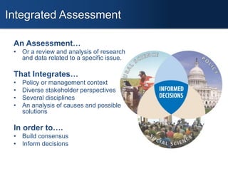 An Assessment…
• Or a review and analysis of research
and data related to a specific issue.
That Integrates…
• Policy or m...