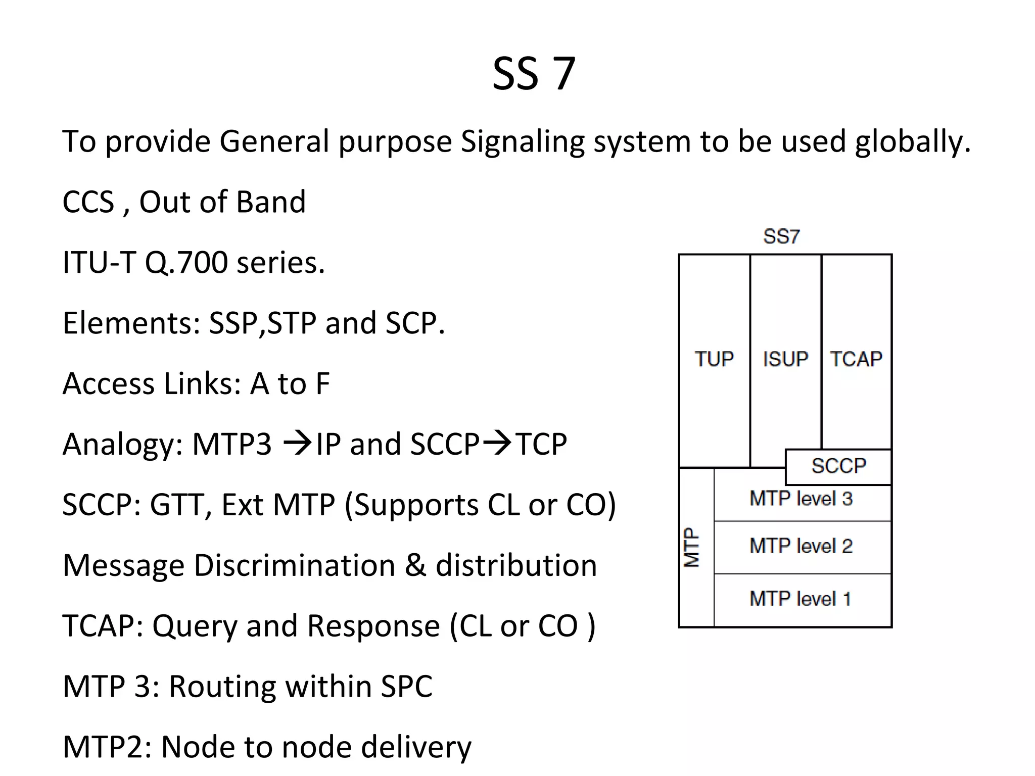 SS 7
To provide General purpose Signaling system to be used globally.
CCS , Out of Band
ITU-T Q.700 series.
Elements: SSP,STP and SCP.
Access Links: A to F
Analogy: MTP3 IP and SCCPTCP
SCCP: GTT, Ext MTP (Supports CL or CO)
Message Discrimination & distribution
TCAP: Query and Response (CL or CO )
MTP 3: Routing within SPC
MTP2: Node to node delivery
 