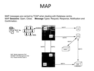 MAP
MAP messages are carried by TCAP when dealing with Database centre.
MAP Sessions: Open, Close. Message Types: Request, Response, Notification and
Confirmation.
 