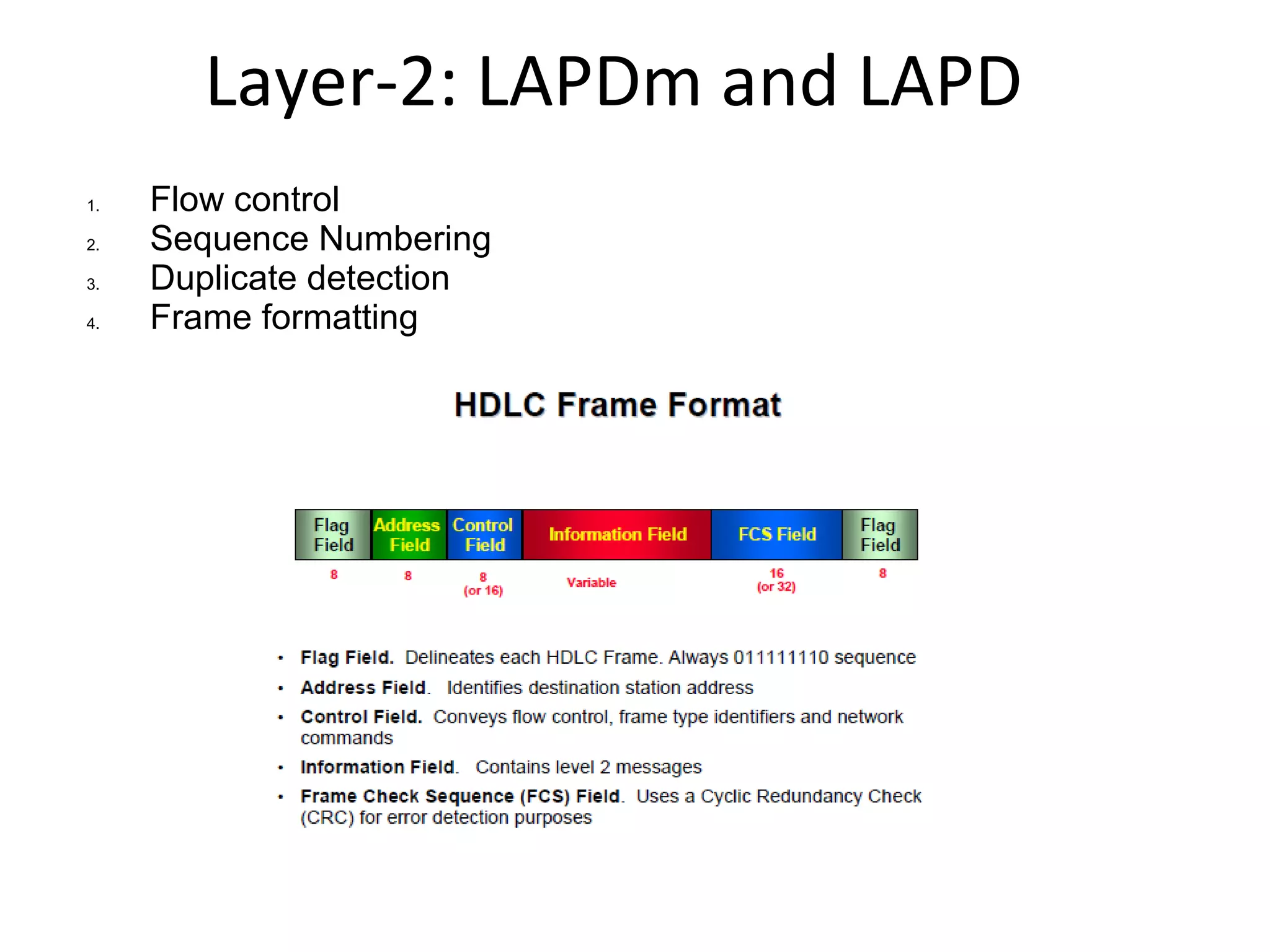 Layer-2: LAPDm and LAPD
1.   Flow control
2.   Sequence Numbering
3.   Duplicate detection
4.   Frame formatting
 