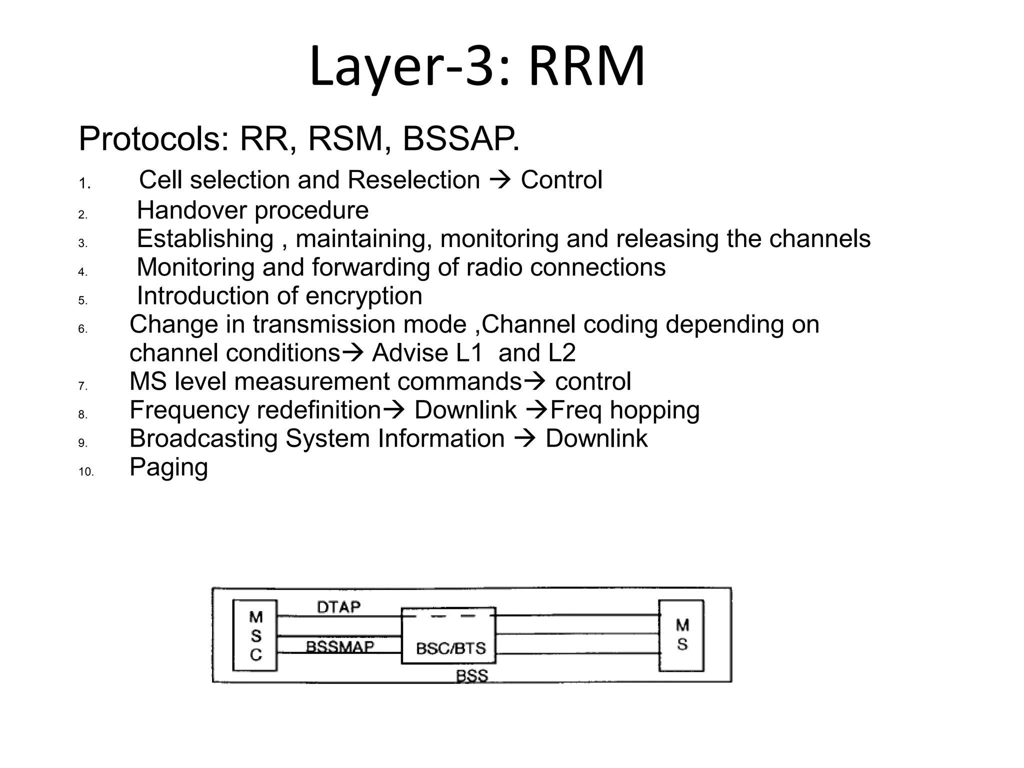 Layer-3: RRM
Protocols: RR, RSM, BSSAP.
1.     Cell selection and Reselection  Control
2.     Handover procedure
3.     Establishing , maintaining, monitoring and releasing the channels
4.     Monitoring and forwarding of radio connections
5.     Introduction of encryption
6.    Change in transmission mode ,Channel coding depending on
      channel conditions Advise L1 and L2
7.    MS level measurement commands control
8.    Frequency redefinition Downlink Freq hopping
9.    Broadcasting System Information  Downlink
10.   Paging
 