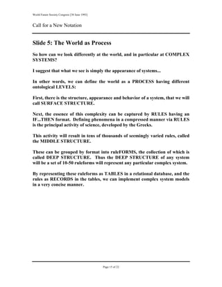 World Future Society Congress [30 June 1993]


Call for a New Notation


Slide 5: The World as Process
So how can we look differently at the world, and in particular at COMPLEX
SYSTEMS?

I suggest that what we see is simply the appearance of systems...

In other words, we can define the world as a PROCESS having different
ontological LEVELS:

First, there is the structure, appearance and behavior of a system, that we will
call SURFACE STRUCTURE.

Next, the essence of this complexity can be captured by RULES having an
IF...THEN format. Defining phenomena in a compressed manner via RULES
is the principal activity of science, developed by the Greeks.

This activity will result in tens of thousands of seemingly varied rules, called
the MIDDLE STRUCTURE.

These can be grouped by format into ruleFORMS, the collection of which is
called DEEP STRUCTURE. Thus the DEEP STRUCTURE of any system
will be a set of 10-50 ruleforms will represent any particular complex system.

By representing these ruleforms as TABLES in a relational database, and the
rules as RECORDS in the tables, we can implement complex system models
in a very concise manner.




                                               Page 15 of 22
 