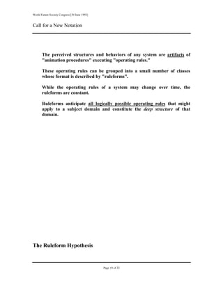 World Future Society Congress [30 June 1993]


Call for a New Notation




       The perceived structures and behaviors of any system are artifacts of
       "animation procedures" executing "operating rules."

       These operating rules can be grouped into a small number of classes
       whose format is described by "ruleforms".

       While the operating rules of a system may change over time, the
       ruleforms are constant.

       Ruleforms anticipate all logically possible operating rules that might
       apply to a subject domain and constitute the deep structure of that
       domain.




The Ruleform Hypothesis


                                               Page 19 of 22
 