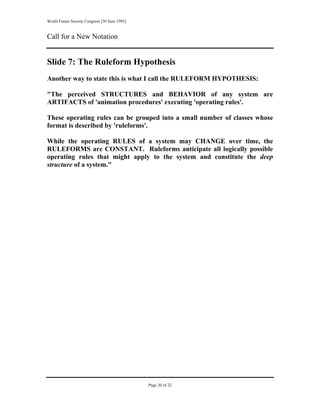 World Future Society Congress [30 June 1993]


Call for a New Notation


Slide 7: The Ruleform Hypothesis
Another way to state this is what I call the RULEFORM HYPOTHESIS:

"The perceived STRUCTURES and BEHAVIOR of any system are
ARTIFACTS of 'animation procedures' executing 'operating rules'.

These operating rules can be grouped into a small number of classes whose
format is described by 'ruleforms'.

While the operating RULES of a system may CHANGE over time, the
RULEFORMS are CONSTANT. Ruleforms anticipate all logically possible
operating rules that might apply to the system and constitute the deep
structure of a system."




                                               Page 20 of 22
 