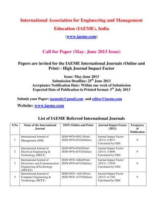 International Association for Engineering and Management
Education (IAEME), India
(www.iaeme.com)
Call for Paper (May- June 2013 Issue)
Papers are invited for the IAEME International Journals (Online and
Print) - High Journal Impact Factor
Issue: May-June 2013
Submission Deadline: 25th
June 2013
Acceptance Notification Date: Within one week of Submission
Expected Date of Publication in Printed format: 5th
July 2013
Submit your Paper: iaemedu@gmail.com and editor@iaeme.com
Website: www.iaeme.com
List of IAEME Referred International Journals
S.No Name of the International
Journal
ISSN (Online and Print) Journal Impact Factor
(2012)
Frequency
of
Publication
1
International Journal of
Management (IJM)
ISSN 0976-6502 (Print)
ISSN 0976-6510(Online)
Journal Impact Factor
(2013): 6.9071
Calculated by GISI
6
2
International Journal of
Electrical Engineering &
Technology (IJEET)
ISSN 0976-6545(Print)
ISSN 0976-6553(Online)
Journal Impact Factor
(2013): 5.8896
Calculated by GISI
6
3
International Journal of
Electronics and Communication
Engineering &Technology
(IJECET)
ISSN 0976- 6464(Print)
ISSN 0976-6472(Online)
Journal Impact Factor
(2013): 3.5930
Calculated by GISI
6
4
International Journal of
Computer Engineering &
Technology (IJCET)
ISSN 0976– 6367(Print)
ISSN 0976- 6375(Online)
Journal Impact Factor
(2013): 6.1302
Calculated by GISI
6
 
