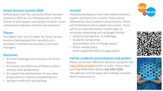 Smart Services Summit 2020
Following on from the successful Smart Services
Summit in 2019 we are following with a similar
format of short papers and posters to foster closer
collaboration between industry and academia.
Theme
The Digital Twin as an Enabler for Smart Service
Business Development for manufacturers,
operators, maintenance providers, and asset
managers.
Outcomes
• To share challenges and solutions for Smart
Services
• To improve the efficiency of delivery within
existing value propositions
• To support the development of new value
propositions to improve competitiveness
• Springer conference proceedings
Summit
Invited presentations from international industry
experts will frame the summit. These will be
followed by short academic presentations, which
will be followed with in-depth discussions. There
will be an extended poster market place to
stimulate networking and exchanges further.
• Industrial perspective of challenges
• Academic perspective
(presentation and a 4-8 page paper)
• Poster market place
(each supported with a 4-page paper)
Call for academic presentations and posters
Please send short 300 word abstracts using the link
http://tiny.cc/rkydlz to the co-chairs Shaun West
and Jürg Meierhofer before July 20th 2020.
The abstract and full paper will undergo a double-
blind review process.
Our mission is to discover and apply practical methodologies for
designing data-intensive services that are relevant for individual
users (consumers, citizens, employees).
common use cases, and e
elaboration of relevant in
Organizer: Expert Group Services for Individuals
 