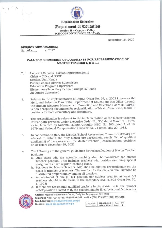 CALL FOR SUBMISSION OF DOCUMENTS FOR RECLASSIFICATION OF MASTER TEACHER