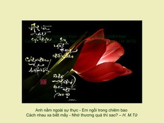 Anh nằm ngoài sự thực - Em ngồi trong chiêm bao
Cách nhau xa biết mấy - Nhớ thương quá thì sao? – H. M.Tử




    Anh nằm ngoài sự thực - Em ngồi trong chiêm bao
Cách nhau xa biết mấy - Nhớ thương quá thì sao? – H. M.Tử
 