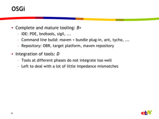 OSGi

•  Complete and mature tooling: B+
     –  IDE: PDE, bndtools, sigil, ...
     –  Command line build: maven + bundle plug-in, ant, tycho, ...
     –  Repository: OBR, target platform, maven repository

•  Integration of tools: D
     –  Tools at different phases do not integrate too well
     –  Left to deal with a lot of little impedance mismatches




20
 