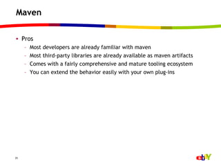 Maven

•  Pros
     –    Most developers are already familiar with maven
     –    Most third-party libraries are already available as maven artifacts
     –    Comes with a fairly comprehensive and mature tooling ecosystem
     –    You can extend the behavior easily with your own plug-ins




25
 