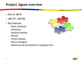 Project Jigsaw overview

•  Part of JDK 8
•  JSR 277, JSR 294
•  Key Features
     –    Static resolution
     –    Versioning
     –    Optional modules
     –    Permits
     –    Virtual modules
     –    Native packaging
     –    Module-private accessibility at language level




31
 