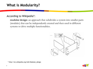 What is Modularity?

According to Wikipedia*:
  modular design: an approach that subdivides a system into smaller parts
  (modules) that can be independently created and then used in different
  systems to drive multiple functionalities.




    * http://en.wikipedia.org/wiki/Modular_design

4
 