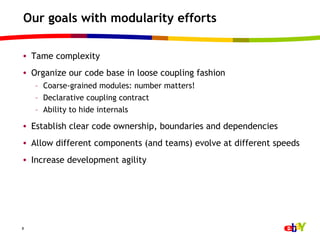 Our goals with modularity efforts

•  Tame complexity
•  Organize our code base in loose coupling fashion
    –  Coarse-grained modules: number matters!
    –  Declarative coupling contract
    –  Ability to hide internals

•  Establish clear code ownership, boundaries and dependencies
•  Allow different components (and teams) evolve at different speeds
•  Increase development agility




8
 