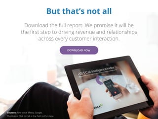But that’s not all
Download the full report. We promise it will be
the first step to driving revenue and relationships
across every customer interaction.
DOWNLOAD NOW
Sources: New Voice Media, Google,
The Role of Click to Call in the Path to Purchase
 