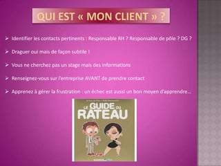  Identifier les contacts pertinents : Responsable RH ? Responsable de pôle ? DG ?

 Draguer oui mais de façon subtile !

 Vous ne cherchez pas un stage mais des informations

 Renseignez-vous sur l’entreprise AVANT de prendre contact

 Apprenez à gérer la frustration : un échec est aussi un bon moyen d’apprendre…
 