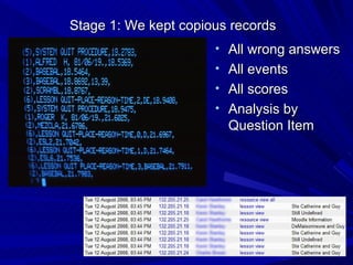 Stage 1: We kept copious records <ul><li>All wrong answers </li></ul><ul><li>All events </li></ul><ul><li>All scores </li>...