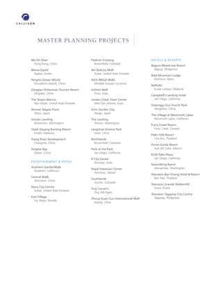 MASTER PLANNING PROJECTS


Ma On Shan                          FlatIron Crossing                   HOTELS & RESORTS
 Hong Kong, China                     Broomﬁeld, Colorado
                                                                        Baguio Mixed-Use Resort
Marsa Zayed                         Ibn Battuta Mall                      Baguio, Philippines
 Aqaba, Jordan                        Dubai, United Arab Emirates
                                                                        Bald Mountain Lodge
Penghu Ocean World                  IKEA MEGA Malls                       Ketchum, Idaho
  Pescadores Islands, China           Multiple Russian Locations
                                                                        Belﬁeld
Qingdao Shilaorean Tourism Resort   InOrbit Mall                          Kuala Lumpur, Malaysia
  Qingdao, China                      Pune, India
                                                                        Campbell’s Landing Hotel
The Shams Marina                    Jordan Creek Town Center              San Diego, California
  Abu Dhabi, United Arab Emirates     West Des Moines, Iowa
                                                                        Daqinggu Eco-Tourist Park
Shonan Nagisa Point                 Kirin Garden City                     Hangzhou, China
  Tokyo, Japan                        Hyogo, Japan
                                                                        The Village at Mammoth Lakes
Sinclair Landing                    The Landing                           Mammoth Lakes, California
  Bremerton, Washington               Renton, Washington
                                                                        Furry Creek Resort
Tasek Dayang Bunting Resort         Langchao Science Park                 Furry Creek, Canada
  Kedah, Malaysia                     Jinan, China
                                                                        Palm Hills Resort
Xiang River Development             Northlands                            Cha-Am, Thailand
  Changsha, China                    Broomﬁeld, Colorado
                                                                        Punta Gorda Resort
Xinghai Bay                         Park at the Park                      Jose del Cabo, Mexico
  Dalian, China                       San Diego, California
                                                                        KUSI Palm Plaza
                                    R City Center                        San Diego, California
ENTERTAINMENT & RETAIL                Mumbai, India
                                                                        RavenWing Ranch
Anaheim GardenWalk                                                        Wenatchee, Washington
                                    Royal Hawaiian Center
 Anaheim, California
                                      Honolulu, Hawaii
                                                                        Sheraton Ban Chang Hotel & Resort
Central Walk                                                              Ban Pala, Thailand
                                    Southlands
  Shenzhen, China
                                      Aurora, Colorado
                                                                        Sheraton Grande WalkerHill
Deira City Centre                                                         Seoul, Korea
                                    Troy Corner’s
  Dubai, United Arab Emirates
                                      Troy, Michigan
                                                                        Sheraton Tagaytay City Centre
East Village                                                              Tagaytay, Philippines
                                    Zhong Guan Cun International Mall
  Las Vegas, Nevada
                                      Beijing, China
 