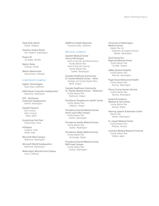 Master Planning Projects




Tasek Pedu Resort                    WellPoint Health Networks               University of Washington
  Kedah, Malaysia                     Thousand Oaks, California              Medical Center
                                                                              Master Plan for
Tsetsibus Harbor Resort                                                         Diagnostic & Imaging Services
  Port Hadlock, Washington           MEDICAL CAMPUS
                                                                                  Seattle, Washington
                                     Swedish Medical Center
Project W                                                                    Good Samaritan
                                     Cherry Hill Campus
  Las Vegas, Nevada                                                          Regional Medical Center
                                       Heart & Vascular and Neuroscience
                                        Facility Master Plan                   Facility Master Plan
Westin Palms
                                       Heart & Vascular Institute               Corvallis, Oregon
 Orlando, Florida
                                         Facility Master Plan
                                                                             Valley General Hospital
Westin Westminster                         Seattle, Washington
                                                                               Facility Master Plan
 Westminster, Colorado
                                     Cascade Healthcare Community                Monroe, Washington
                                     St. Charles Medical Center – Bend
CORPORATE CAMPUS                                                             Puget Sound Behavioral Health
                                       Strategic and Facility Master Plans
                                                                               Facility Master Plan
Agilent Technologies                      Bend, Oregon
                                                                                Tacoma, Washington
 Santa Rosa, California
                                     Cascade Healthcare Community
                                                                             Pierce County Human Services
Eddie Bauer Corporate Headquarters   St. Charles Medical Center – Redmond
                                                                               Facility Master Plan
  Redmond, Washington                  Facility Master Plan
                                                                                 Tacoma, Washington
                                          Redmond, Oregon
GTE – Northwest                                                              Seward Providence
Corporate Headquarters               Providence Tanasbourne Health Center
                                                                             Medical & Care Center
  Everett, Washington                  Facility Master Plan
                                                                               Facility Master Plan
                                         Hillsboro, Oregon
Hewlett Packard                                                                 Seward, Alaska
  East Campus                        Providence Everett Medical Center
                                                                             Hearing, Speech & Deafness Center
  West Campus                        Paciﬁc and Colby Campus
                                                                               Master Plan
   Boise, Idaho                        Facility Master Plan
                                                                                Seattle, Washington
                                        Everett, Washington
Hong Kong Tech Park                                                          St. Joseph Medical Center
 Hong Kong, China                    Providence Seattle Medical Center
                                                                               Facility Master Plan
                                       Facility Master Plan
InfoSpace                                                                         Phoenix, Arizona
                                         Seattle, Washington
  Gurgaon, India                                                             Jinsenkai Medical Research Institute
  Noida, India                       Providence Alaska Medical Center
                                                                                Facility Master Plan
                                       Facility Master Plan
Microsoft West Campus                                                            Hobara, Japan
                                         Anchorage, Alaska
 Redmond, Washington
                                     Providence Everett Medical Center
Microsoft World Headquarters         Mill Creek Campus
 Redmond, Washington                   Facility Master Plan
                                         Everett, Washington
Washington Mutual Irvine Campus
 Irvine, California
 