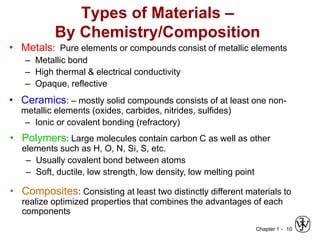 Chapter 1 - 10
Types of Materials –
By Chemistry/Composition
• Metals: Pure elements or compounds consist of metallic elements
– Metallic bond
– High thermal & electrical conductivity
– Opaque, reflective
• Polymers: Large molecules contain carbon C as well as other
elements such as H, O, N, Si, S, etc.
– Usually covalent bond between atoms
– Soft, ductile, low strength, low density, low melting point
• Ceramics: – mostly solid compounds consists of at least one non-
metallic elements (oxides, carbides, nitrides, sulfides)
– Ionic or covalent bonding (refractory)
• Composites: Consisting at least two distinctly different materials to
realize optimized properties that combines the advantages of each
components
 