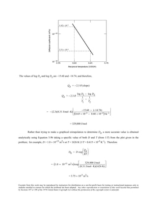 Excerpts from this work may be reproduced by instructors for distribution on a not-for-profit basis for testing or instructional purposes only to
students enrolled in courses for which the textbook has been adopted. Any other reproduction or translation of this work beyond that permitted
by Sections 107 or 108 of the 1976 United States Copyright Act without the permission of the copyright owner is unlawful.
The values of log D1 and log D2 are –15.60 and –14.74, and therefore,
Qd = − 2.3 R (slope)
Qd = − 2.3 R
log D1 − log D2
1
T1
−
1
T2
= − (2.3)(8.31 J/mol- K)
−15.60 − (−14.74)
(0.65 × 10−3 − 0.60 × 10−3) K−1






= 329,000 J/mol
Rather than trying to make a graphical extrapolation to determine D0
, a more accurate value is obtained
analytically using Equation 5.9b taking a specific value of both D and T (from 1/T) from the plot given in the
problem; for example, D = 1.0 × 10-15 m2/s at T = 1626 K (1/T = 0.615 × 10-3 K-1
). Therefore
D0 = D exp
Qd
RT






= (1.0 × 10-15 m2/s)exp
329,000 J/mol
(8.31 J/mol- K)(1626 K)






= 3.75 × 10-5 m2/s
 