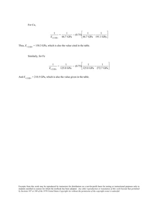 Excerpts from this work may be reproduced by instructors for distribution on a not-for-profit basis for testing or instructional purposes only to
students enrolled in courses for which the textbook has been adopted. Any other reproduction or translation of this work beyond that permitted
by Sections 107 or 108 of the 1976 United States Copyright Act without the permission of the copyright owner is unlawful.
For Cu,
1
E<110>
=
1
66.7 GPa
− (0.75)
1
66.7 GPa
−
1
191.1 GPa






Thus, E<110>
= 130.3 GPa, which is also the value cited in the table.
Similarly, for Fe
1
E<110>
=
1
125.0 GPa
− (0.75)
1
125.0 GPa
−
1
272.7 GPa






And E<110>
= 210.5 GPa, which is also the value given in the table.
 