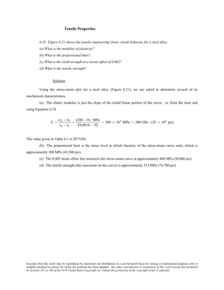 Excerpts from this work may be reproduced by instructors for distribution on a not-for-profit basis for testing or instructional purposes only to
students enrolled in courses for which the textbook has been adopted. Any other reproduction or translation of this work beyond that permitted
by Sections 107 or 108 of the 1976 United States Copyright Act without the permission of the copyright owner is unlawful.
Tensile Properties
6.25 Figure 6.21 shows the tensile engineering stress–strain behavior for a steel alloy.
(a) What is the modulus of elasticity?
(b) What is the proportional limit?
(c) What is the yield strength at a strain offset of 0.002?
(d) What is the tensile strength?
Solution
Using the stress-strain plot for a steel alloy (Figure 6.21), we are asked to determine several of its
mechanical characteristics.
(a) The elastic modulus is just the slope of the initial linear portion of the curve; or, from the inset and
using Equation 6.10
E =
σ2 − σ1
ε2 − ε1
=
(200 − 0) MPa
(0.0010− 0)
= 200 × 103 MPa = 200 GPa (29 × 106 psi)
The value given in Table 6.1 is 207 GPa.
(b) The proportional limit is the stress level at which linearity of the stress-strain curve ends, which is
approximately 300 MPa (43,500 psi).
(c) The 0.002 strain offset line intersects the stress-strain curve at approximately 400 MPa (58,000 psi).
(d) The tensile strength (the maximum on the curve) is approximately 515 MPa (74,700 psi).
 