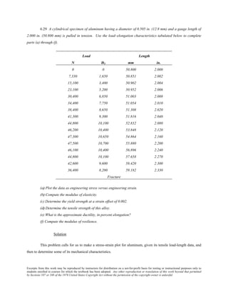 Excerpts from this work may be reproduced by instructors for distribution on a not-for-profit basis for testing or instructional purposes only to
students enrolled in courses for which the textbook has been adopted. Any other reproduction or translation of this work beyond that permitted
by Sections 107 or 108 of the 1976 United States Copyright Act without the permission of the copyright owner is unlawful.
6.29 A cylindrical specimen of aluminum having a diameter of 0.505 in. (12.8 mm) and a gauge length of
2.000 in. (50.800 mm) is pulled in tension. Use the load–elongation characteristics tabulated below to complete
parts (a) through (f).
Load Length
N lbf mm in.
0 0 50.800 2.000
7,330 1,650 50.851 2.002
15,100 3,400 50.902 2.004
23,100 5,200 50.952 2.006
30,400 6,850 51.003 2.008
34,400 7,750 51.054 2.010
38,400 8,650 51.308 2.020
41,300 9,300 51.816 2.040
44,800 10,100 52.832 2.080
46,200 10,400 53.848 2.120
47,300 10,650 54.864 2.160
47,500 10,700 55.880 2.200
46,100 10,400 56.896 2.240
44,800 10,100 57.658 2.270
42,600 9,600 58.420 2.300
36,400 8,200 59.182 2.330
Fracture
(a) Plot the data as engineering stress versus engineering strain.
(b) Compute the modulus of elasticity.
(c) Determine the yield strength at a strain offset of 0.002.
(d) Determine the tensile strength of this alloy.
(e) What is the approximate ductility, in percent elongation?
(f) Compute the modulus of resilience.
Solution
This problem calls for us to make a stress-strain plot for aluminum, given its tensile load-length data, and
then to determine some of its mechanical characteristics.
 