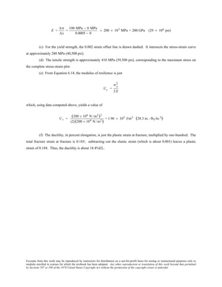 Excerpts from this work may be reproduced by instructors for distribution on a not-for-profit basis for testing or instructional purposes only to
students enrolled in courses for which the textbook has been adopted. Any other reproduction or translation of this work beyond that permitted
by Sections 107 or 108 of the 1976 United States Copyright Act without the permission of the copyright owner is unlawful.
E =
∆σ
∆ε
=
100 MPa − 0 MPa
0.0005 − 0
= 200 × 103 MPa = 200 GPa (29 × 106 psi)
(c) For the yield strength, the 0.002 strain offset line is drawn dashed. It intersects the stress-strain curve
at approximately 280 MPa (40,500 psi).
(d) The tensile strength is approximately 410 MPa (59,500 psi), corresponding to the maximum stress on
the complete stress-strain plot.
(e) From Equation 6.14, the modulus of resilience is just
Ur =
σ y
2
2E
which, using data computed above, yields a value of
Ur =
(280 × 106 N /m2)2
(2)(200 × 109 N /m2)
= 1.96 × 105 J/m3 (28.3 in.- lbf/in.3)
(f) The ductility, in percent elongation, is just the plastic strain at fracture, multiplied by one-hundred. The
total fracture strain at fracture is 0.185; subtracting out the elastic strain (which is about 0.001) leaves a plastic
strain of 0.184. Thus, the ductility is about 18.4%EL.
 