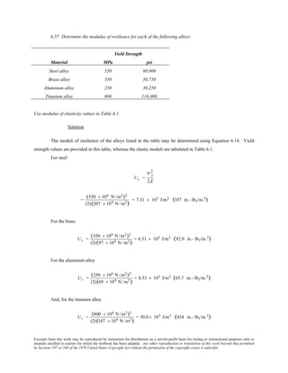 Excerpts from this work may be reproduced by instructors for distribution on a not-for-profit basis for testing or instructional purposes only to
students enrolled in courses for which the textbook has been adopted. Any other reproduction or translation of this work beyond that permitted
by Sections 107 or 108 of the 1976 United States Copyright Act without the permission of the copyright owner is unlawful.
6.37 Determine the modulus of resilience for each of the following alloys:
Yield Strength
Material MPa psi
Steel alloy 550 80,000
Brass alloy 350 50,750
Aluminum alloy 250 36,250
Titanium alloy 800 116,000
Use modulus of elasticity values in Table 6.1.
Solution
The moduli of resilience of the alloys listed in the table may be determined using Equation 6.14. Yield
strength values are provided in this table, whereas the elastic moduli are tabulated in Table 6.1.
For steel
Ur =
σ y
2
2E
=
(550 × 106 N /m2)2
(2)(207 × 109 N /m2)
= 7.31 × 105 J/m3 (107 in.- lbf/in.3)
For the brass
Ur =
(350 × 106 N /m2)2
(2)(97 × 109 N /m2)
= 6.31 × 105 J/m3 (92.0 in.- lbf/in.3)
For the aluminum alloy
Ur =
(250 × 106 N /m2)2
(2)(69 × 109 N /m2)
= 4.53 × 105 J/m3 (65.7 in.- lbf/in.3)
And, for the titanium alloy
Ur =
(800 × 106 N /m2)2
(2)(107 × 109 N /m2)
= 30.0× 105 J/m3 (434 in.- lbf/in.3)
 