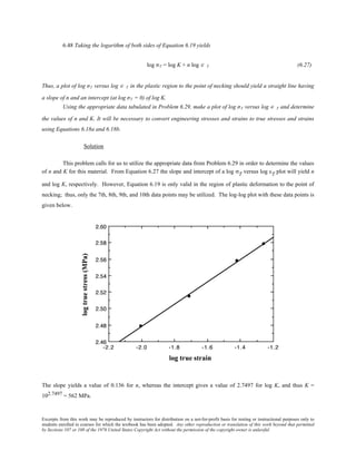 Excerpts from this work may be reproduced by instructors for distribution on a not-for-profit basis for testing or instructional purposes only to
students enrolled in courses for which the textbook has been adopted. Any other reproduction or translation of this work beyond that permitted
by Sections 107 or 108 of the 1976 United States Copyright Act without the permission of the copyright owner is unlawful.
6.48 Taking the logarithm of both sides of Equation 6.19 yields
log σT = log K + n log ∈ T (6.27)
Thus, a plot of log σT versus log ∈ T in the plastic region to the point of necking should yield a straight line having
a slope of n and an intercept (at log σT = 0) of log K.
Using the appropriate data tabulated in Problem 6.29, make a plot of log σT versus log ∈ T and determine
the values of n and K. It will be necessary to convert engineering stresses and strains to true stresses and strains
using Equations 6.18a and 6.18b.
Solution
This problem calls for us to utilize the appropriate data from Problem 6.29 in order to determine the values
of n and K for this material. From Equation 6.27 the slope and intercept of a log σT versus log εT plot will yield n
and log K, respectively. However, Equation 6.19 is only valid in the region of plastic deformation to the point of
necking; thus, only the 7th, 8th, 9th, and 10th data points may be utilized. The log-log plot with these data points is
given below.
The slope yields a value of 0.136 for n, whereas the intercept gives a value of 2.7497 for log K, and thus K =
102.7497 = 562 MPa.
 