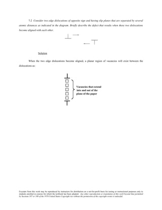Excerpts from this work may be reproduced by instructors for distribution on a not-for-profit basis for testing or instructional purposes only to
students enrolled in courses for which the textbook has been adopted. Any other reproduction or translation of this work beyond that permitted
by Sections 107 or 108 of the 1976 United States Copyright Act without the permission of the copyright owner is unlawful.
7.2 Consider two edge dislocations of opposite sign and having slip planes that are separated by several
atomic distances as indicated in the diagram. Briefly describe the defect that results when these two dislocations
become aligned with each other.
Solution
When the two edge dislocations become aligned, a planar region of vacancies will exist between the
dislocations as:
 