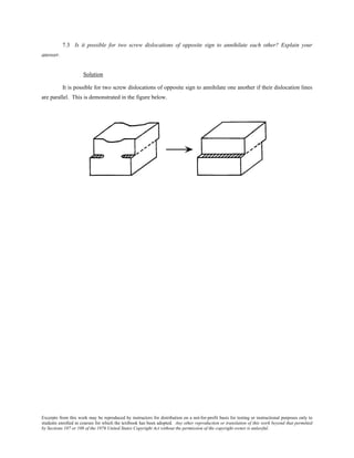 Excerpts from this work may be reproduced by instructors for distribution on a not-for-profit basis for testing or instructional purposes only to
students enrolled in courses for which the textbook has been adopted. Any other reproduction or translation of this work beyond that permitted
by Sections 107 or 108 of the 1976 United States Copyright Act without the permission of the copyright owner is unlawful.
7.3 Is it possible for two screw dislocations of opposite sign to annihilate each other? Explain your
answer.
Solution
It is possible for two screw dislocations of opposite sign to annihilate one another if their dislocation lines
are parallel. This is demonstrated in the figure below.
 