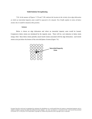 Excerpts from this work may be reproduced by instructors for distribution on a not-for-profit basis for testing or instructional purposes only to
students enrolled in courses for which the textbook has been adopted. Any other reproduction or translation of this work beyond that permitted
by Sections 107 or 108 of the 1976 United States Copyright Act without the permission of the copyright owner is unlawful.
Solid-Solution Strengthening
7.26 In the manner of Figures 7.17b and 7.18b, indicate the location in the vicinity of an edge dislocation
at which an interstitial impurity atom would be expected to be situated. Now briefly explain in terms of lattice
strains why it would be situated at this position.
Solution
Below is shown an edge dislocation and where an interstitial impurity atom would be located.
Compressive lattice strains are introduced by the impurity atom. There will be a net reduction in lattice strain
energy when these lattice strains partially cancel tensile strains associated with the edge dislocation; such tensile
strains exist just below the bottom of the extra half-plane of atoms (Figure 7.4).
 